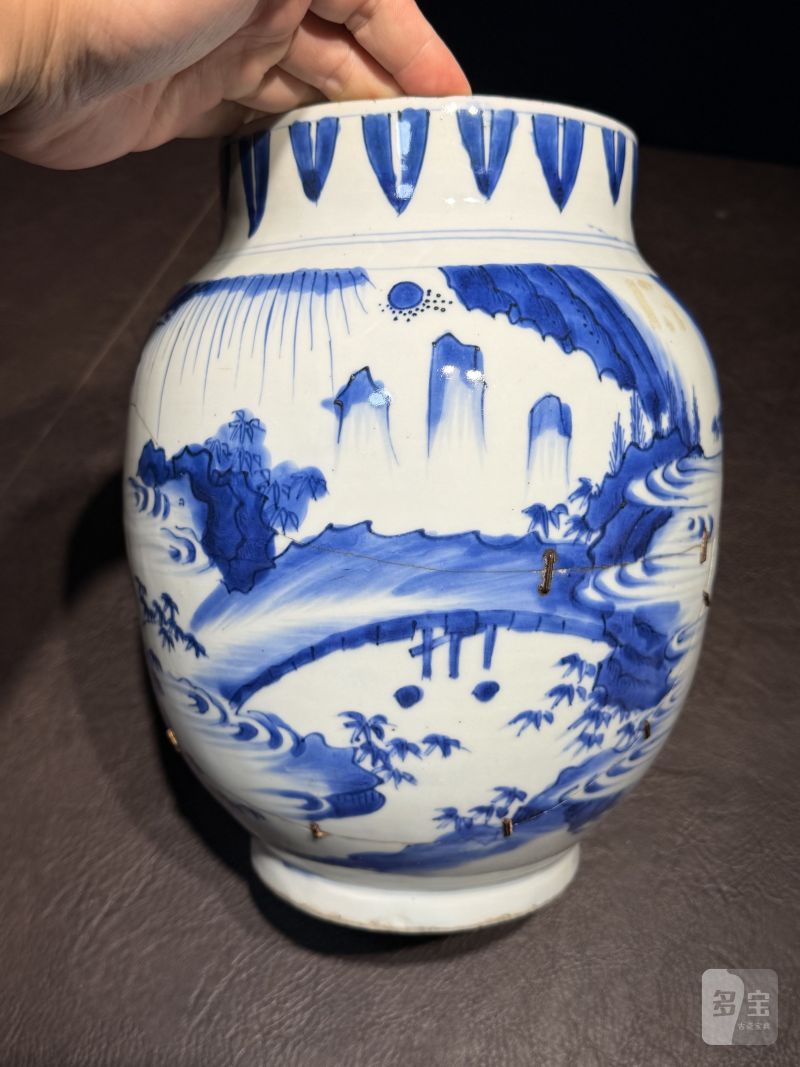 明崇祯 青花高士图莲子罐 - 图10